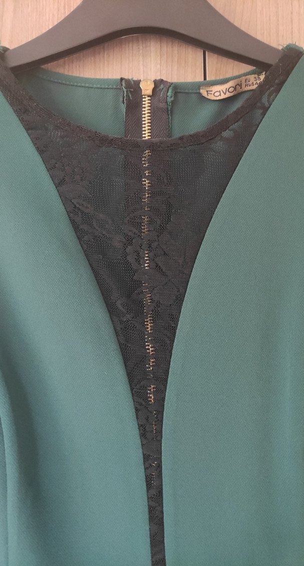 Kemerli V Yaka Klasik Yeşil Elbise - Görsel 3