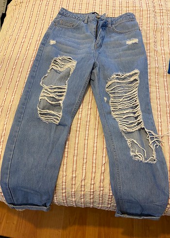 Kadın Mavi Bol Kesim Midi Denim Pantolon