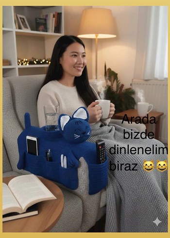 Mavi Örgü Kedi Koltuk Organizeri - Görsel 5