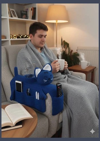 Mavi Örgü Kedi Koltuk Organizeri - Görsel 3