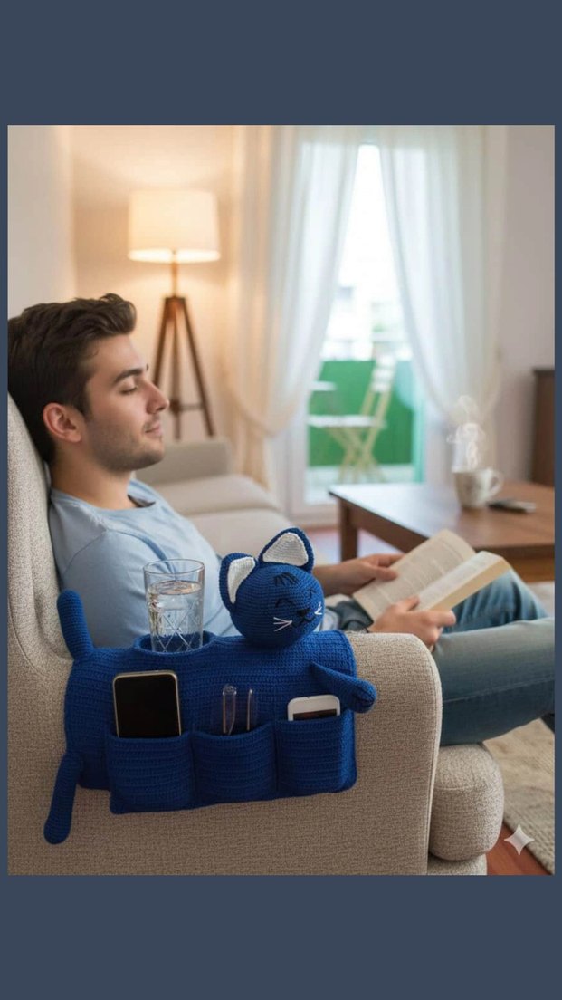 Mavi Örgü Kedi Koltuk Organizeri - Görsel 4
