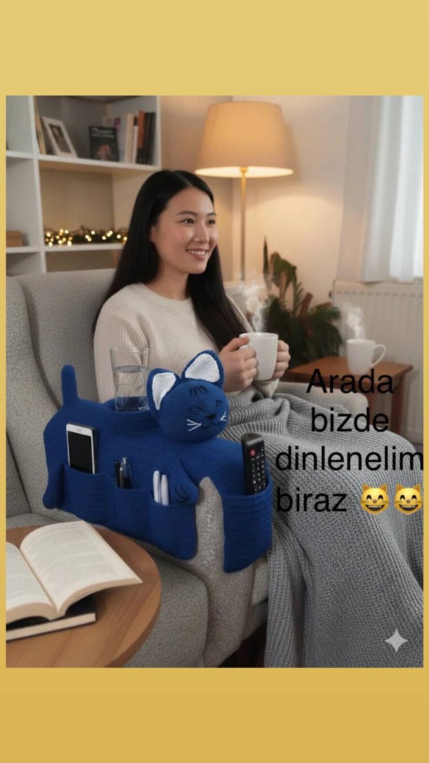 Mavi Örgü Kedi Koltuk Organizeri - Görsel 5