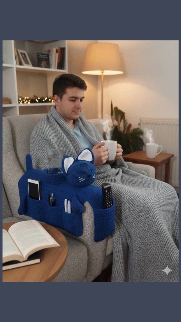 Mavi Örgü Kedi Koltuk Organizeri - Görsel 3