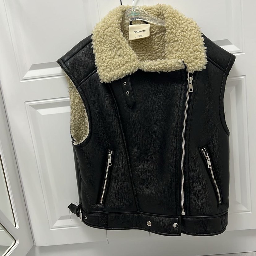 Kürklü Siyah Biker Deri Yelek - Görsel 3