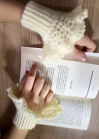 Beyaz Örgü Bohem Kadın Eldiveni - Görsel 7