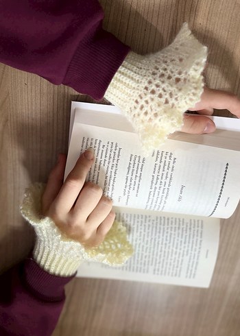 Beyaz Örgü Bohem Kadın Eldiveni - Görsel 9