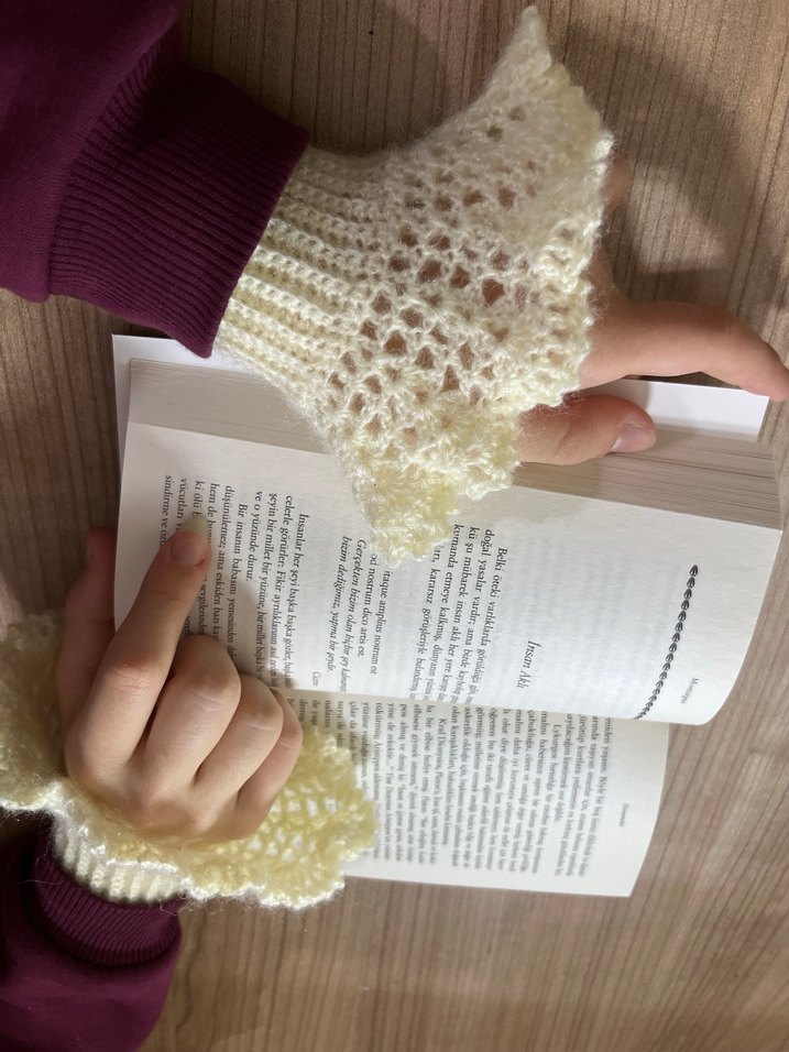 Beyaz Örgü Bohem Kadın Eldiveni - Görsel 5