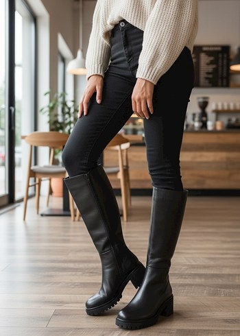 Kadın Siyah Deri Topuklu Diz Boyu Botlar - Görsel 3