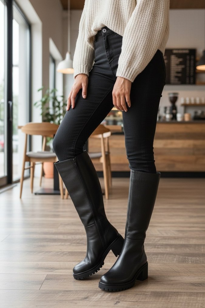 Kadın Siyah Deri Topuklu Diz Boyu Botlar - Görsel 3