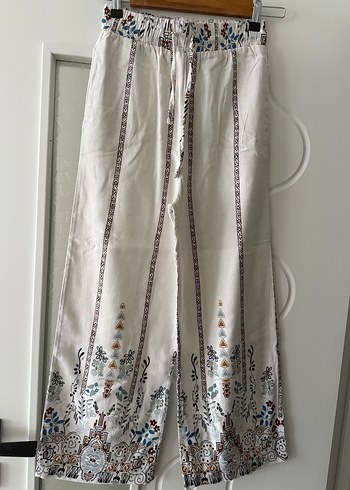 Nakışlı Bohem Gri Beyaz Kumaş Pantolon