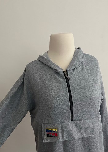 Gri Kapüşonlu Fermuarlı Kadın Sweatshirt - Görsel 2