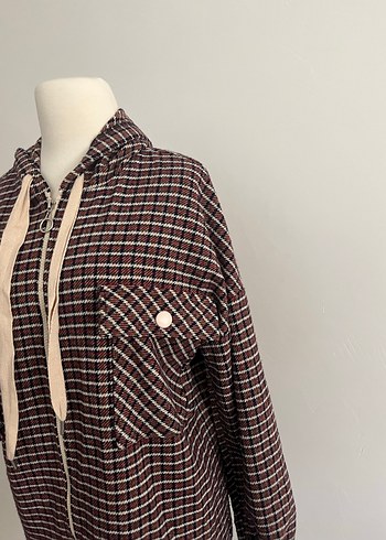 Kapüşonlu Düğmeli Uzun Kahverengi Kadın Kaban - Görsel 2