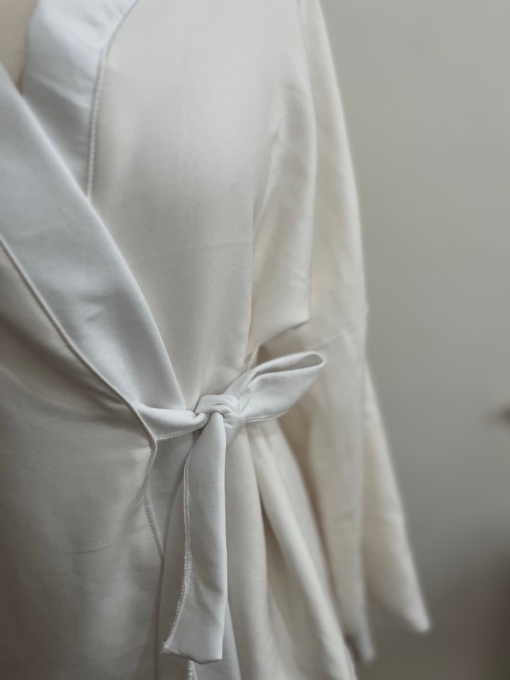 Beyaz Keten Midi Kimono - Görsel 2