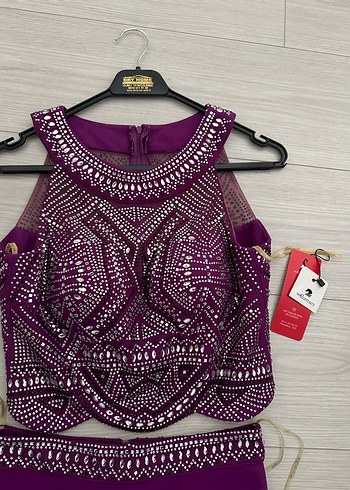 Mor İşlemeli Uzun Abiye Elbise - Görsel 2