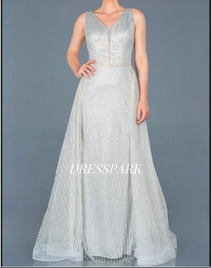 V Yaka Parlak Gri Uzun Kadın Abiye - Görsel 3