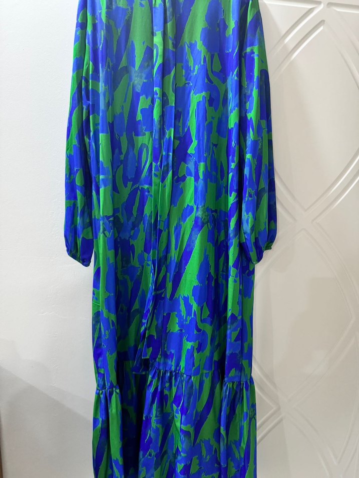 Mavi Yeşil Bağlama Desenli Uzun Elbise - Görsel 4