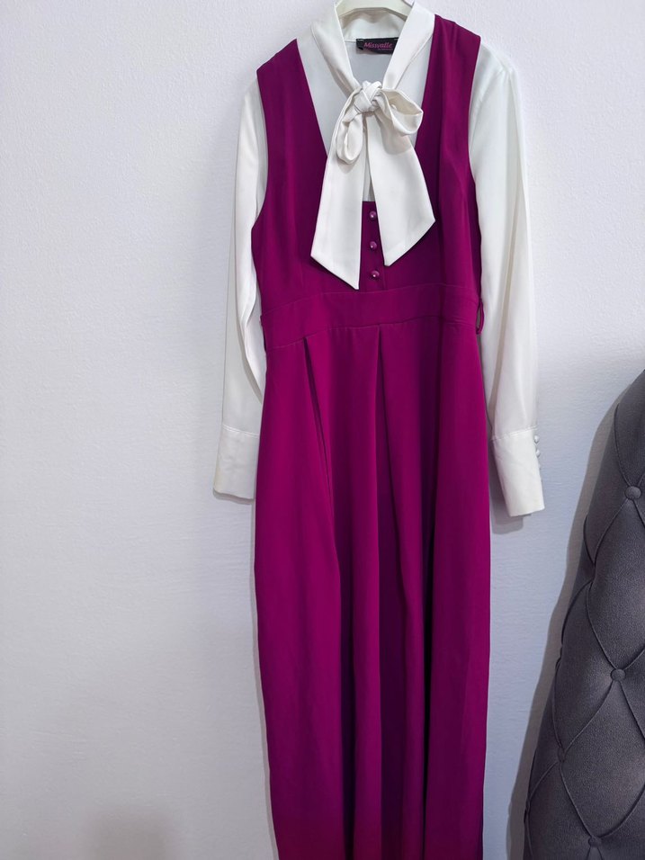 Mor Uzun İpek Dokulu Halter Yaka Elbise - Görsel 2