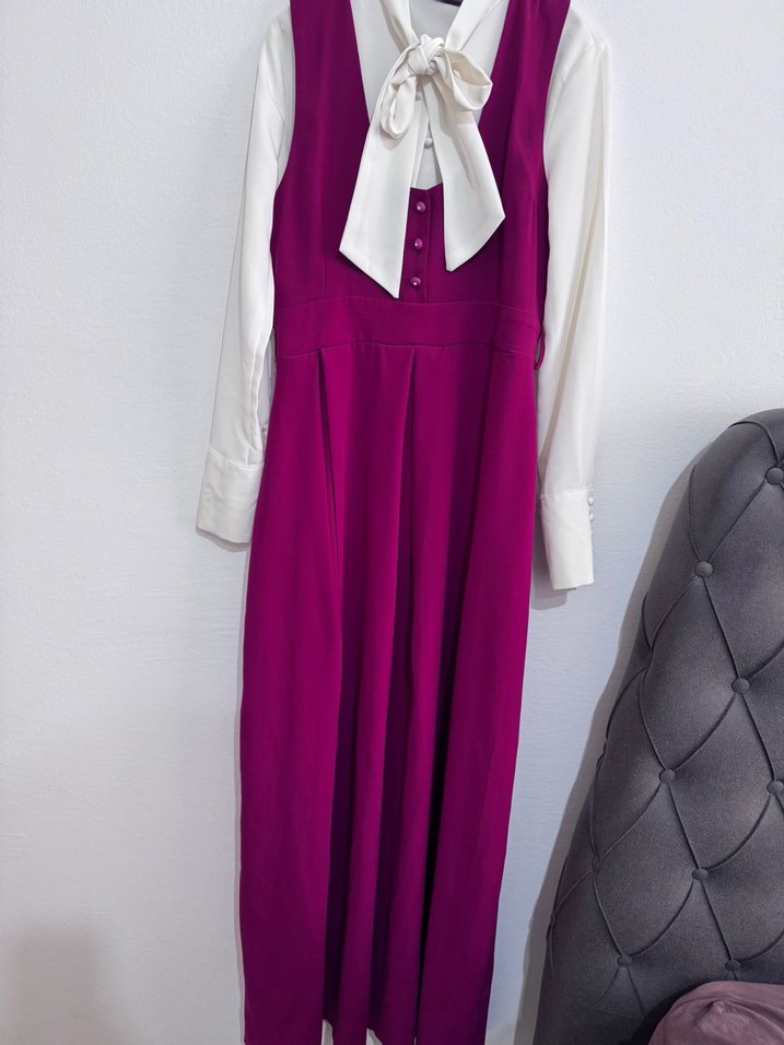 Mor Uzun İpek Dokulu Halter Yaka Elbise - Görsel 4