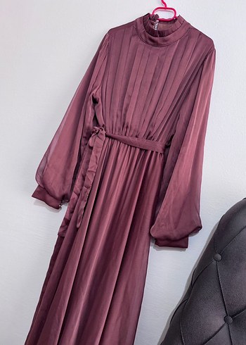 Uzun Kollu kiremit Kadın Pilili Elbise - Görsel 3