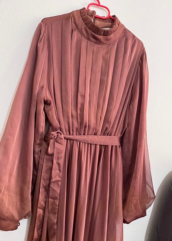 Uzun Kollu kiremit Kadın Pilili Elbise - Görsel 5