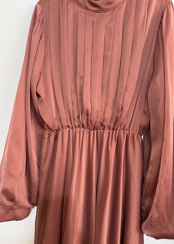 Uzun Kollu kiremit Kadın Pilili Elbise - Görsel 4