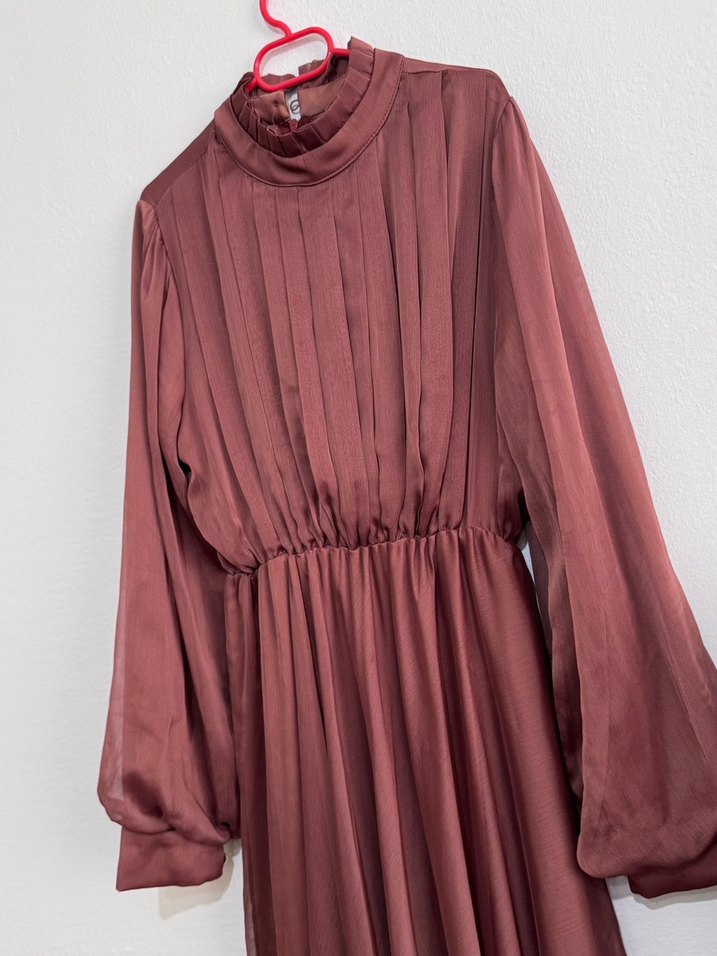 Uzun Kollu kiremit Kadın Pilili Elbise - Görsel 2