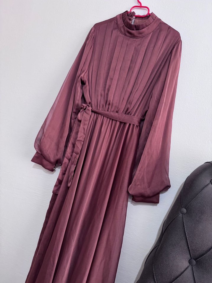 Uzun Kollu kiremit Kadın Pilili Elbise - Görsel 3