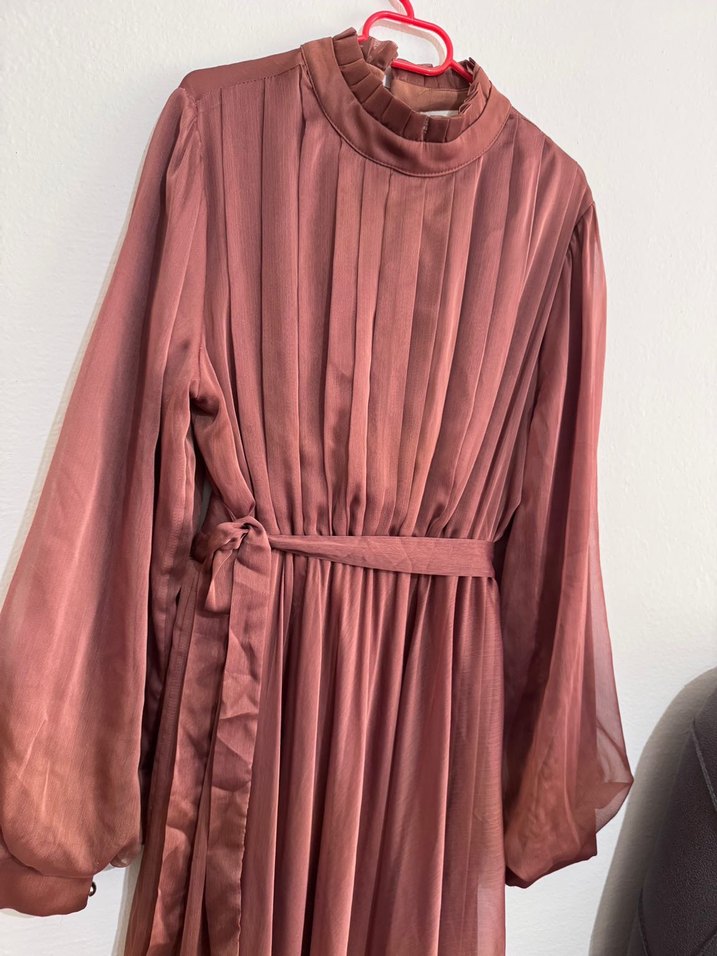 Uzun Kollu kiremit Kadın Pilili Elbise - Görsel 5