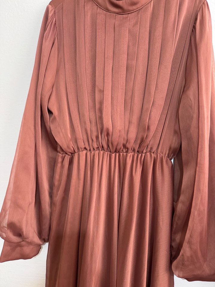 Uzun Kollu kiremit Kadın Pilili Elbise - Görsel 4