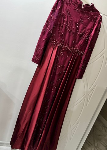 Bordo Uzun Kollu Tesettür Abiye Elbise - Görsel 3