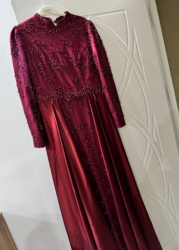 Bordo Uzun Kollu Tesettür Abiye Elbise - Görsel 7