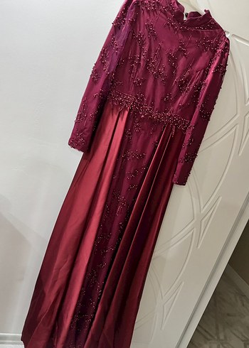 Bordo Uzun Kollu Tesettür Abiye Elbise - Görsel 4