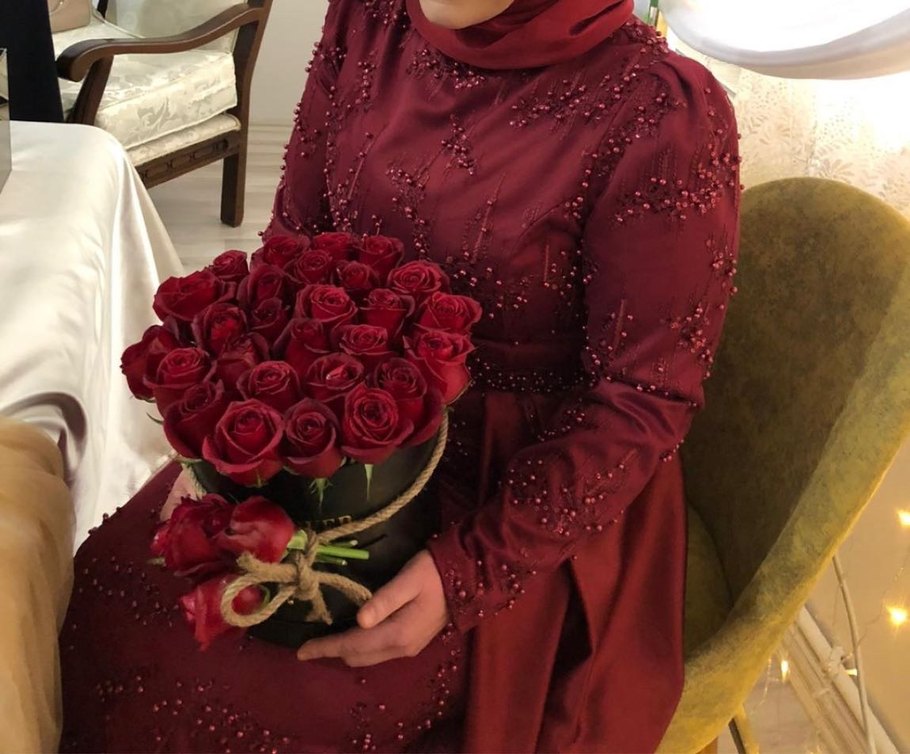 Bordo Uzun Kollu Tesettür Abiye Elbise - Görsel 2