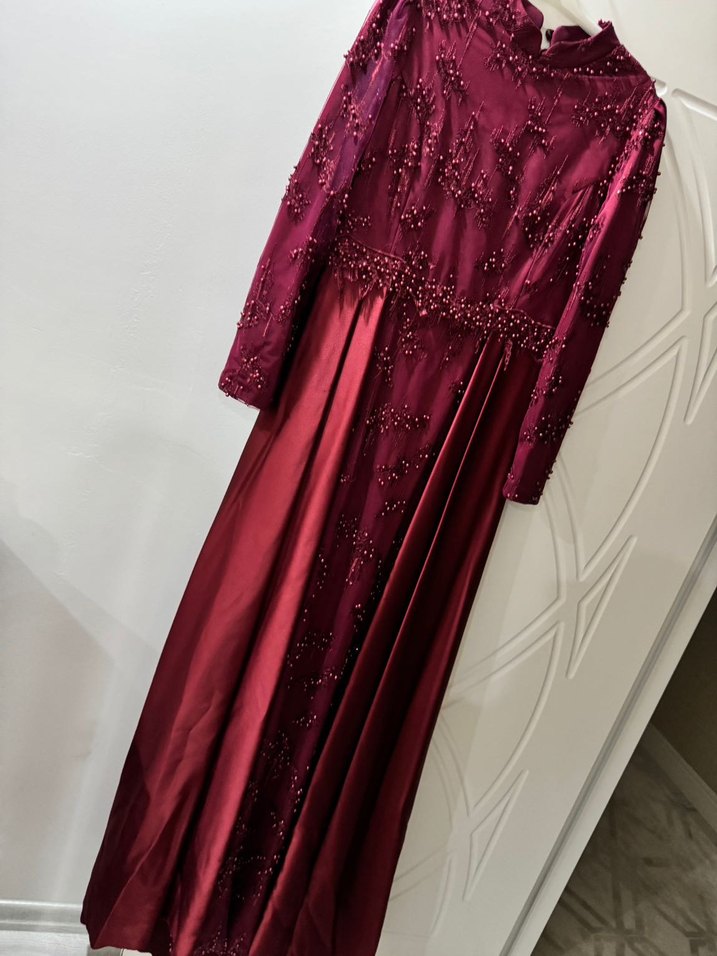 Bordo Uzun Kollu Tesettür Abiye Elbise - Görsel 3