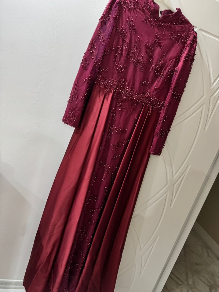 Bordo Uzun Kollu Tesettür Abiye Elbise - Görsel 4