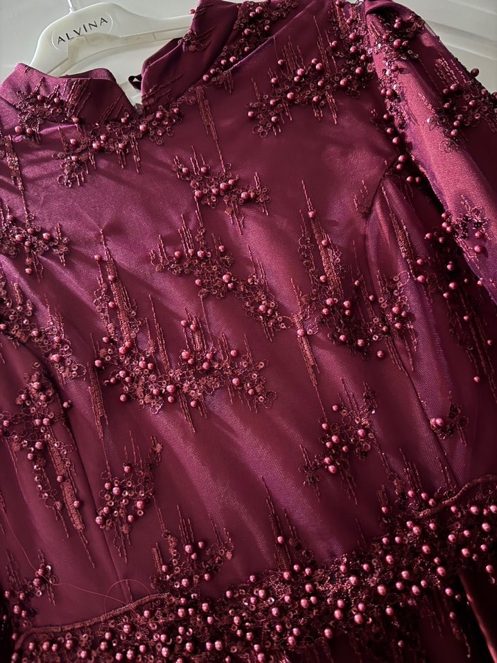 Bordo Uzun Kollu Tesettür Abiye Elbise - Görsel 5