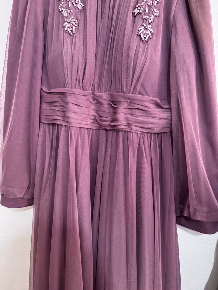 Uzun Mor İşlemeli Kadın Abiye Elbise - Görsel 5