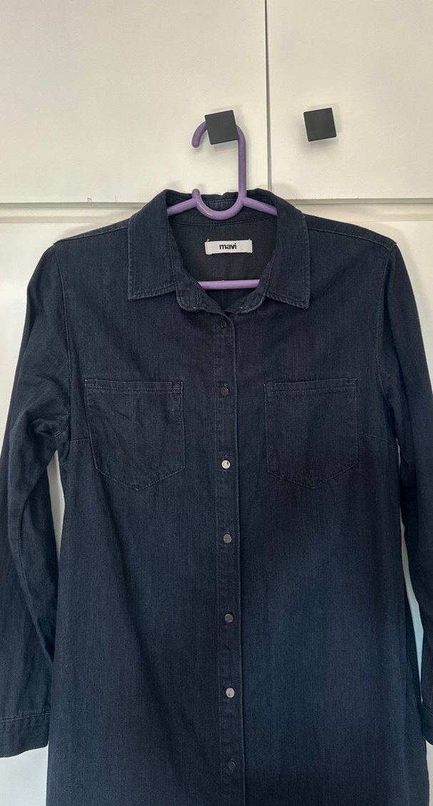 Lacivert Düğmeli Uzun Kollu Kot Elbise - Görsel 3