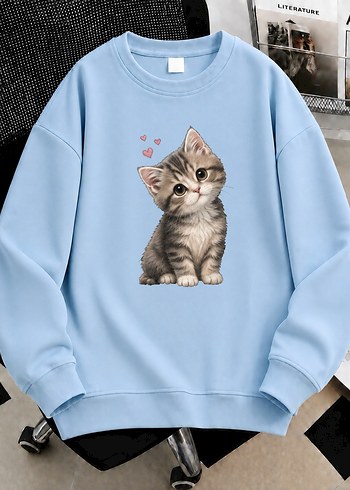 Diğer Pastel Mavi Kedi Baskili Rahat Sweatshirt