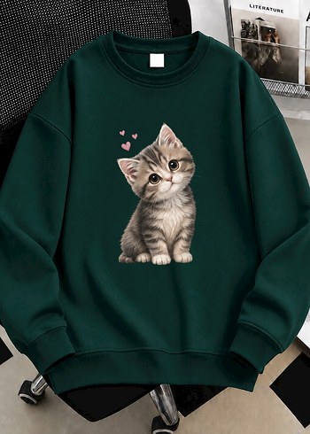 Diğer Koyu Yesil Kedi Baskili Rahat Sweatshirt