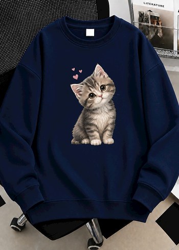 Diğer Lacivert Kedi Baskili Rahat Sweatshirt
