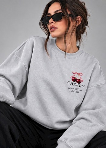 Diğer Gri Melanj Kirazli Rahat Sweatshirt