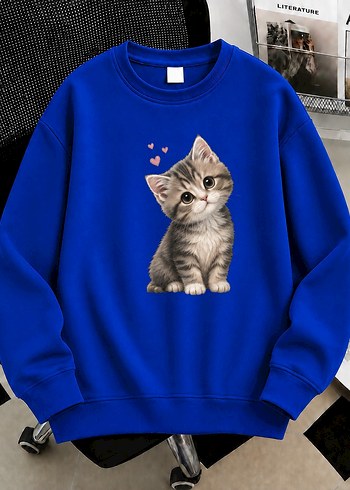 Diğer Mavi Kedi Baskili Rahat Sweatshirt