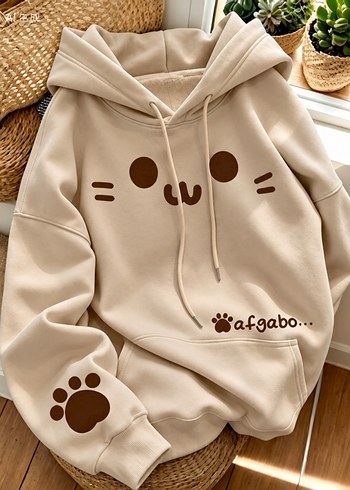 Diğer Kedi Desenli Krem Kapusonlu Sweatshirt