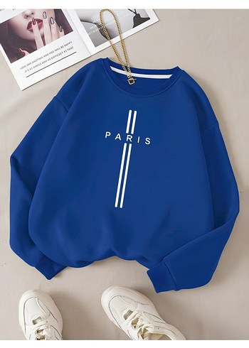 Diğer Paris Yazili Saks Mavisi Bisiklet Yaka Sweatshirt