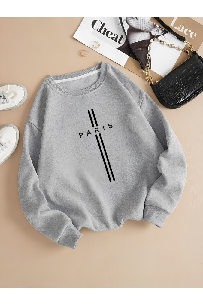 Paris Yazılı Saks Mavisi Bisiklet Yaka Sweatshirt — görsel 4/5
