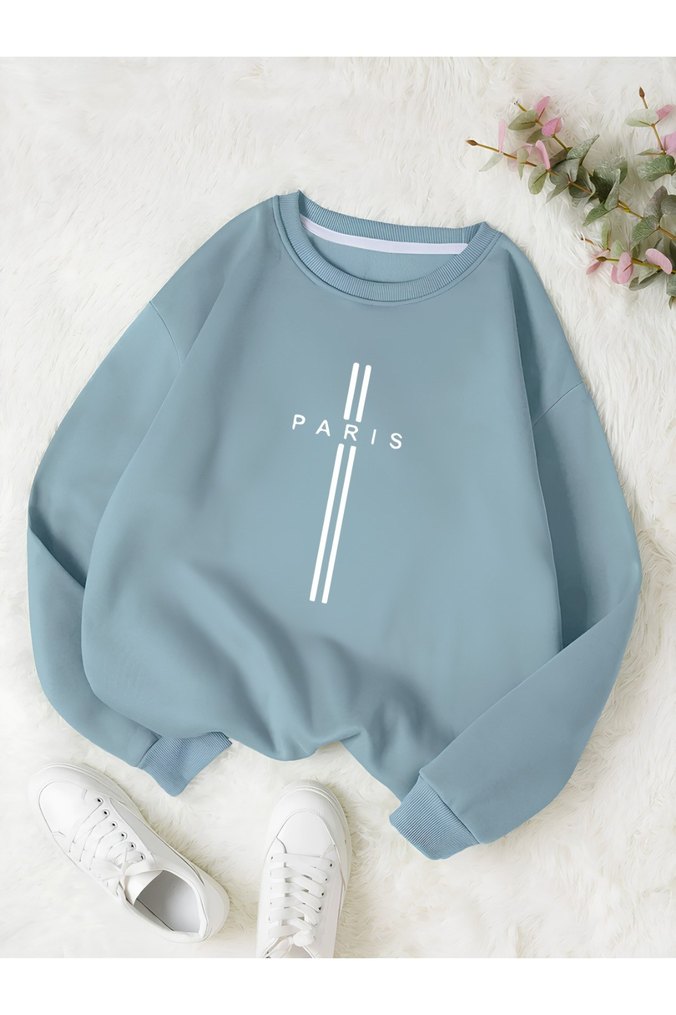 Paris Yazılı Saks Mavisi Bisiklet Yaka Sweatshirt — görsel 3/5