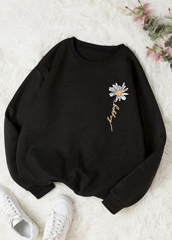 Diğer Siyah Cicekli Rahat Bisiklet Yaka Sweatshirt Smlxlxxl