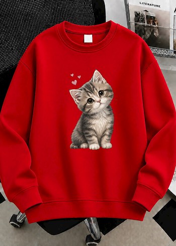 Diğer Kirmizi Kedi Baskili Rahat Sweatshirt
