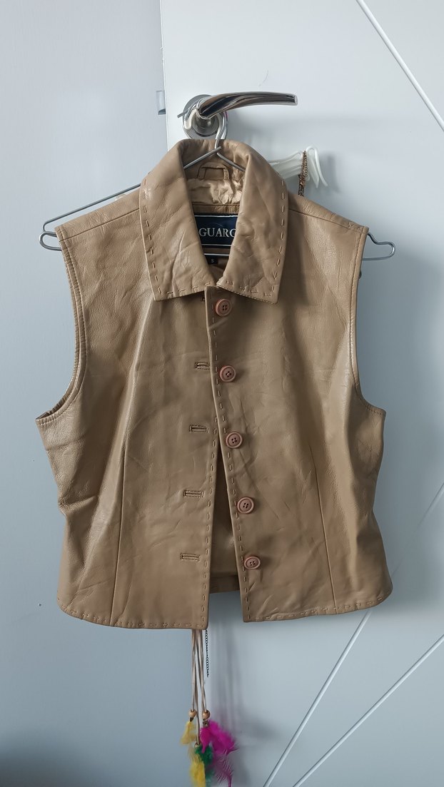 Bej Kadın Deri Ceket Düğmeli ve Normal Boy - Görsel 2